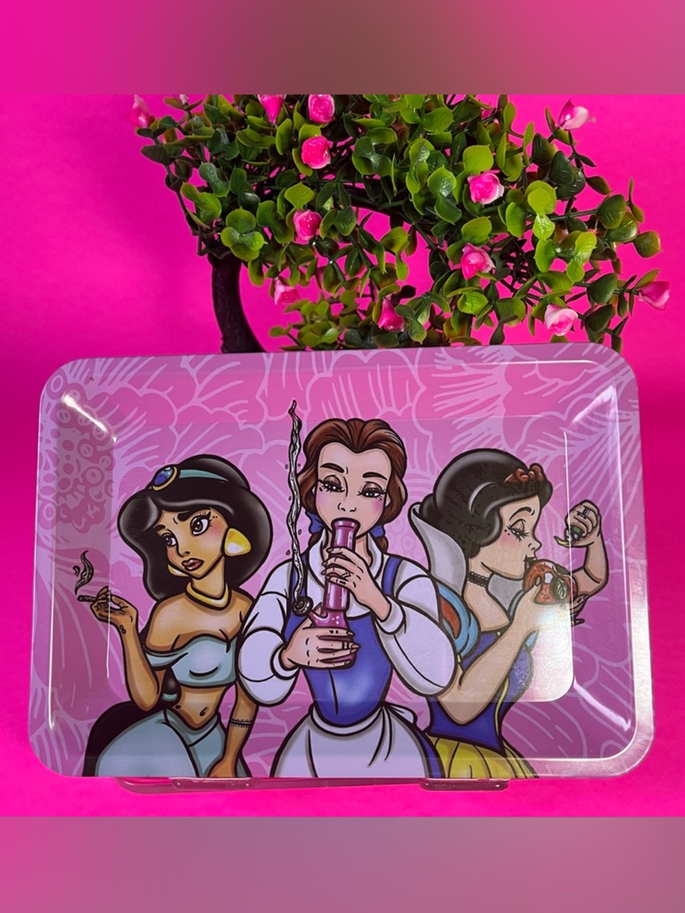 Princess Rolling Tray,Multicolor Smoke Accessories, Pink Background CartoonTheme